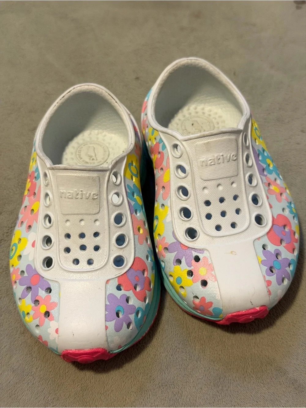 Native Kids Water Shoes — White with Pink Yellow Blue Purple Floral